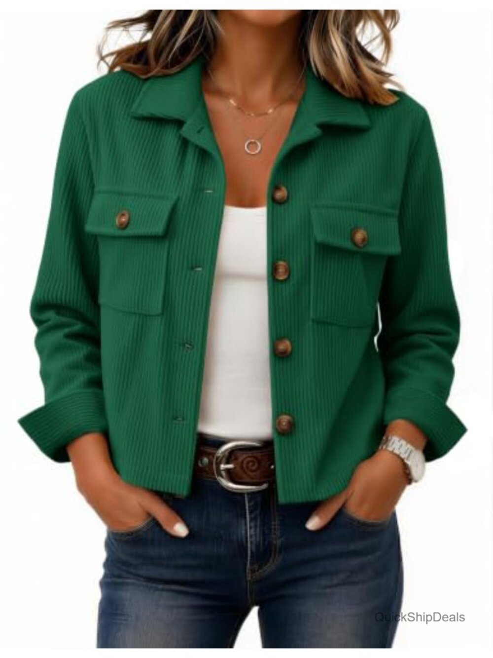 Corduroy Button Down Cropped Jacket Long Sleeve Shacket